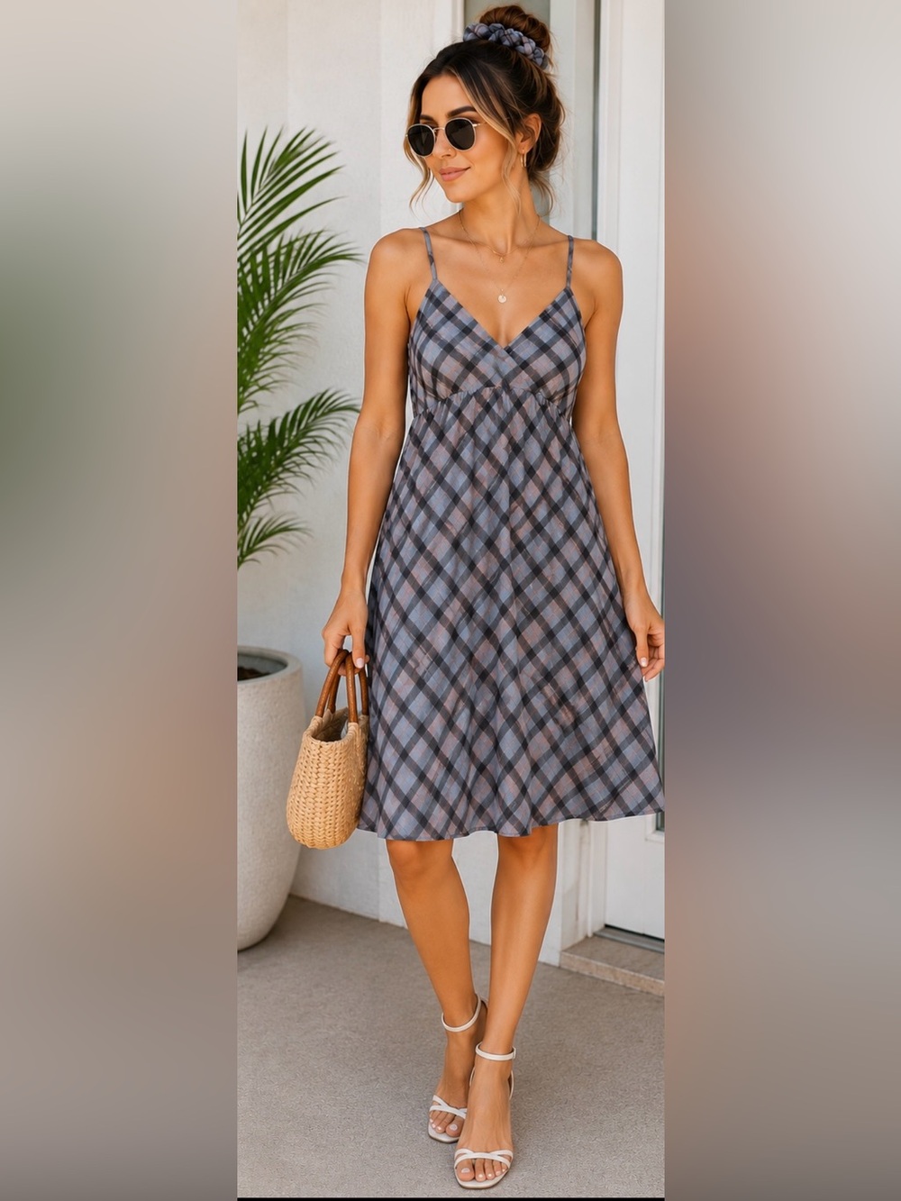 RACHEL PAIGE Plaid Midi Dress with Scrunchie Sz M